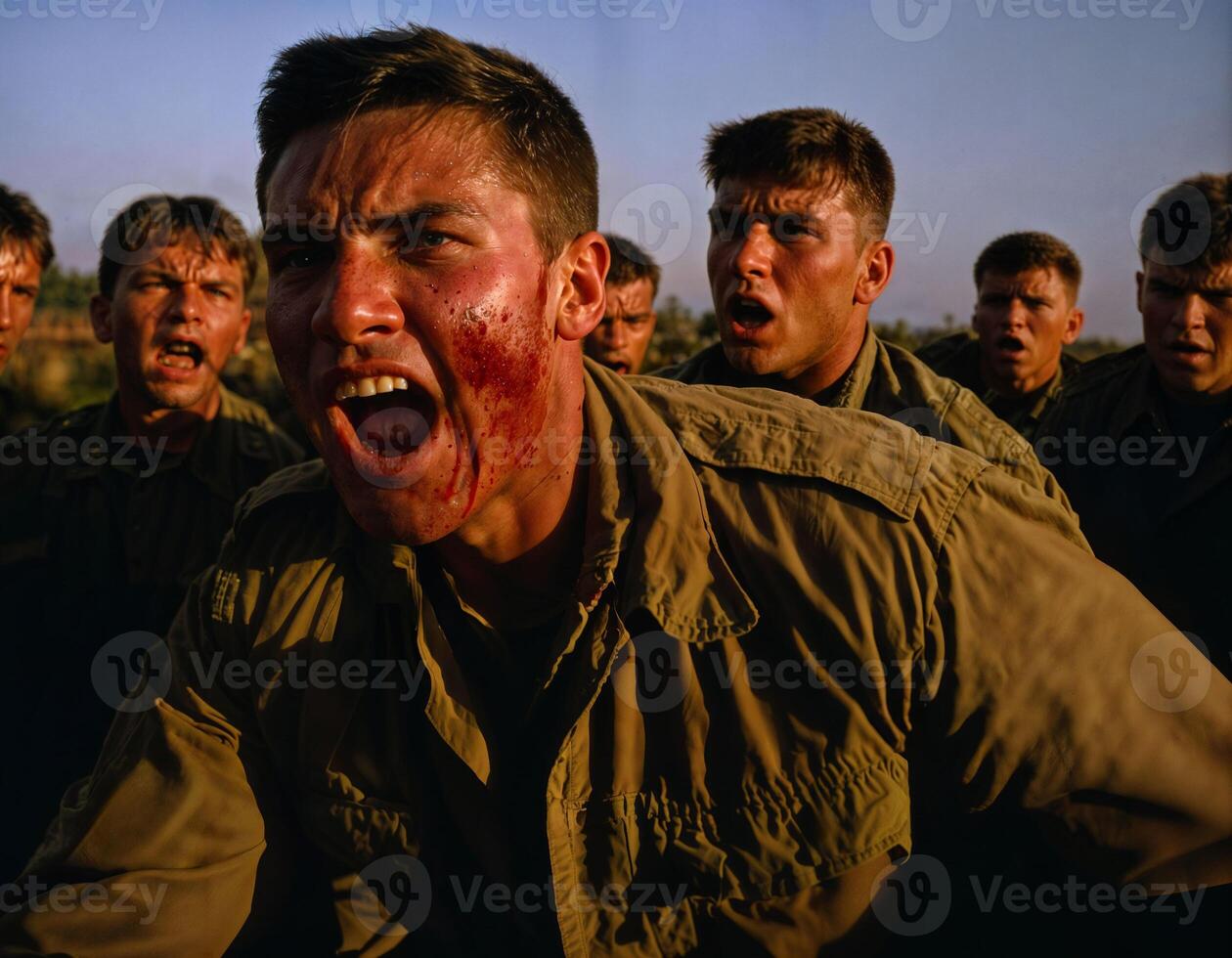 ai genererad Foto av intensiv soldat man i armén utrusta och hjälm i allvarlig farlig krig argumenterar med Övrig, generativ ai