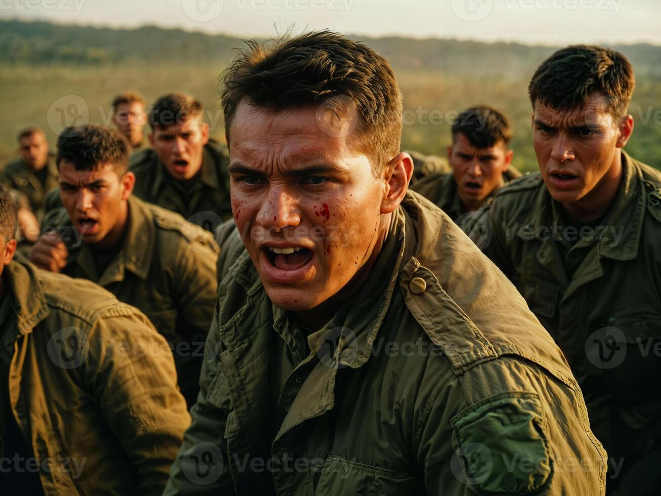 ai genererad Foto av intensiv soldat man i armén utrusta och hjälm i allvarlig farlig krig argumenterar med Övrig, generativ ai