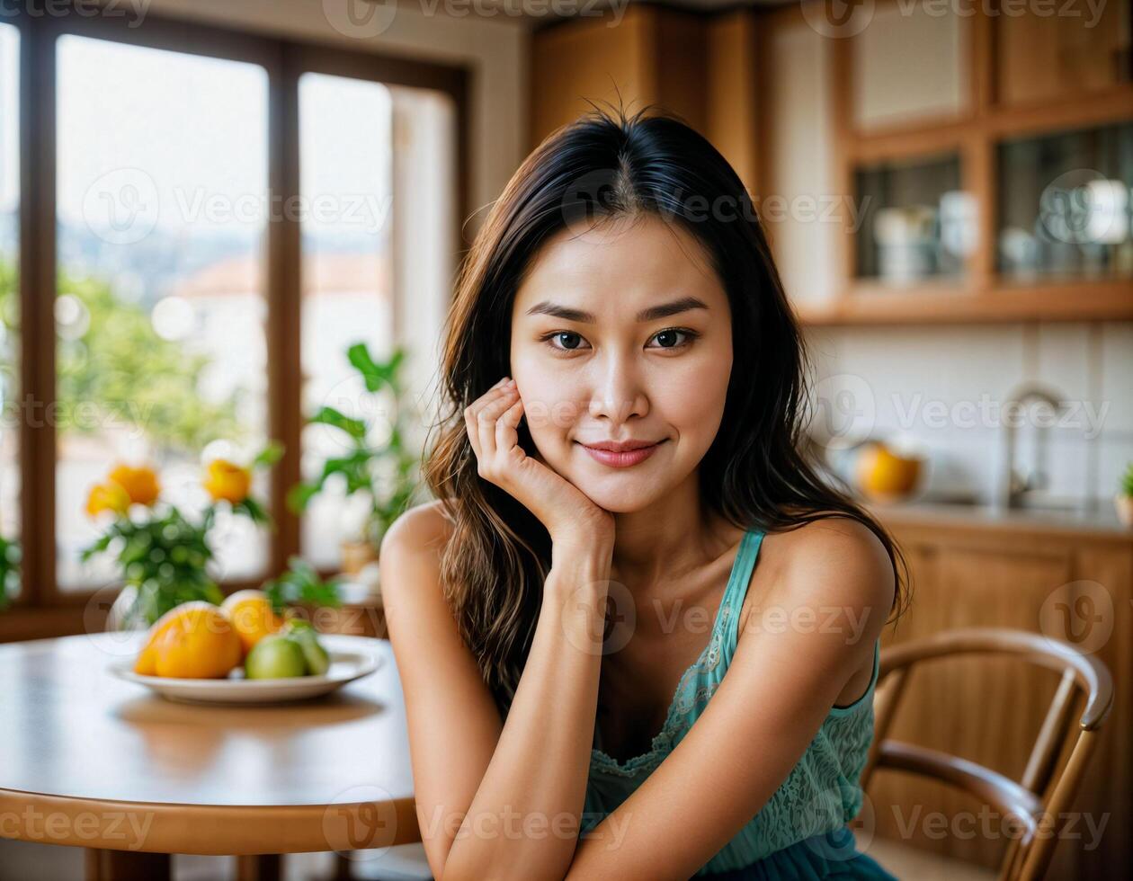 ai genererad Foto av skön asiatisk kvinna som en Lycklig fru på kök, generativ ai