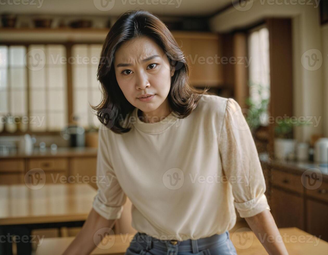 ai genererad Foto av skön asiatisk kvinna som en fru med nyfiken ansikte känsla på kök, generativ ai