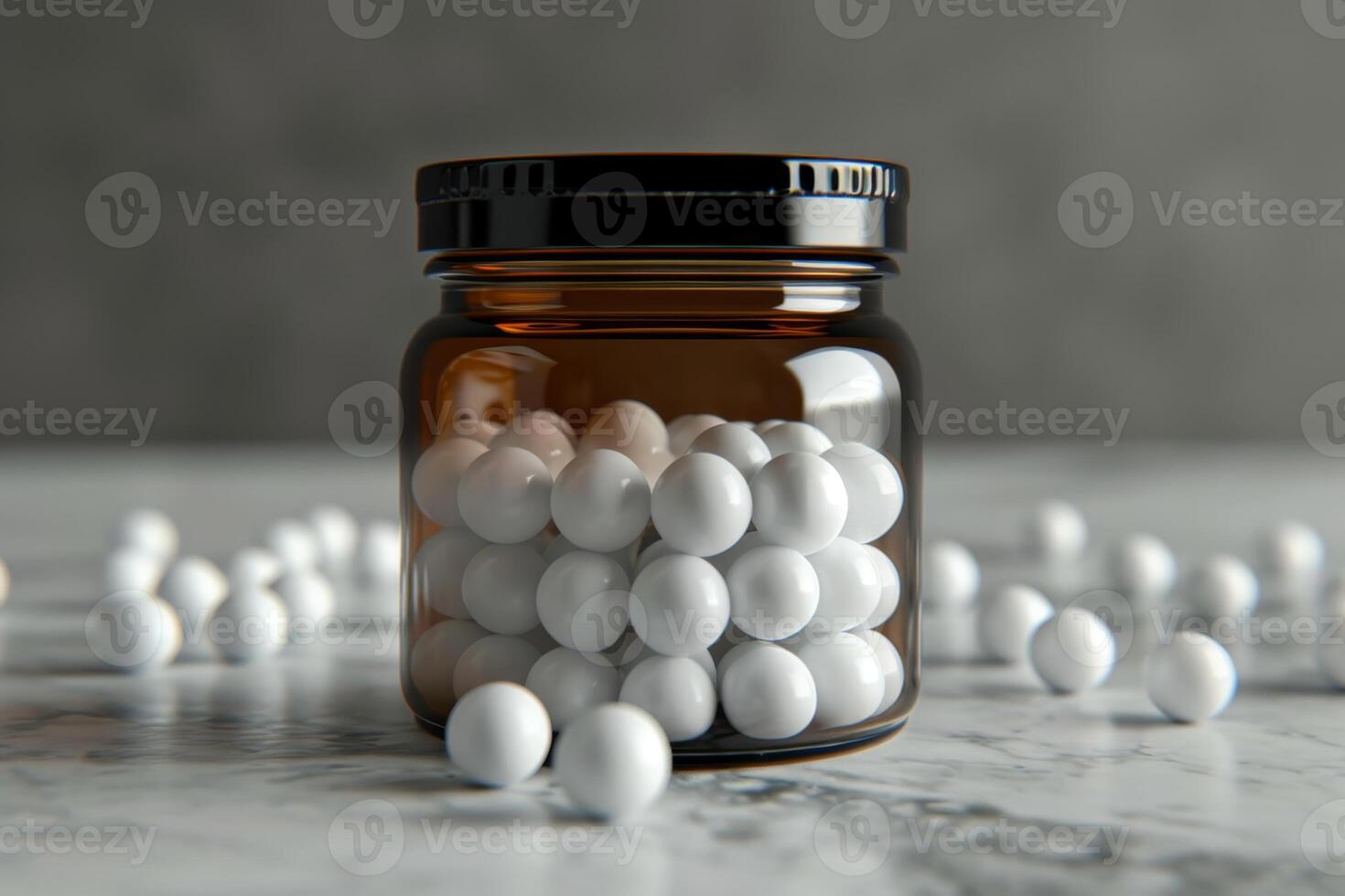 ai genererad vit kapslar för mediciner eller mat tillsatser i en transparent plast flaska är på de tabell. foto