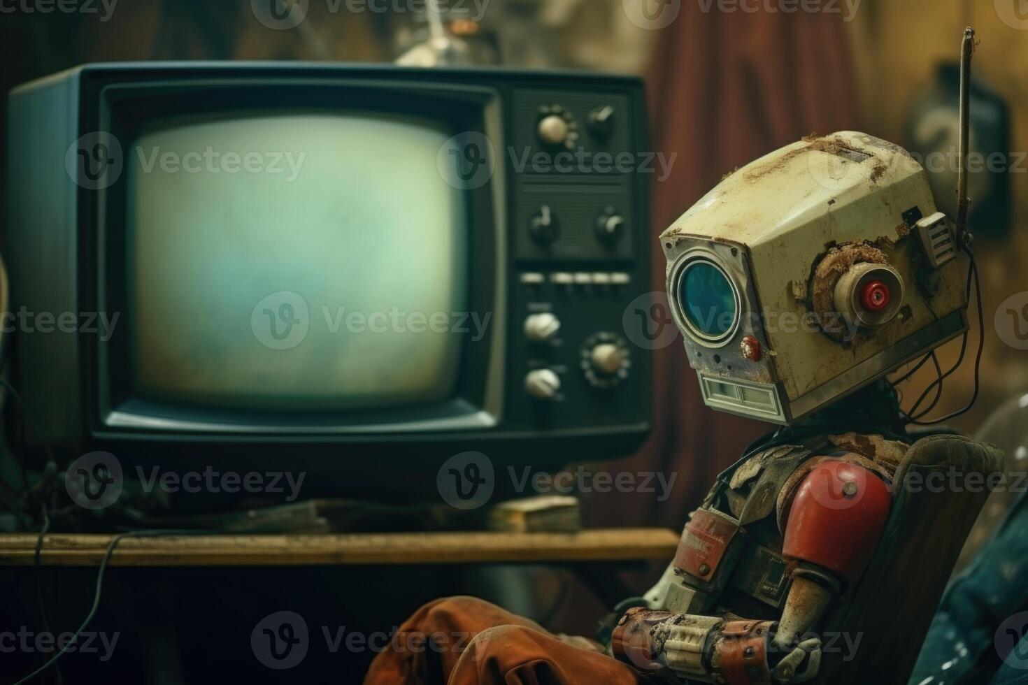 ai genererad en rolig animerad Hem robot är Sammanträde och tittar på TV i en rum. tecknad serie foto