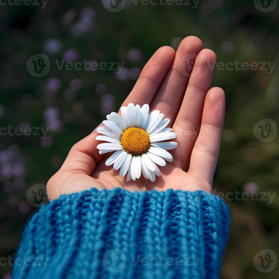 ai genererad Lycklig vår kamomill blomma i en kvinna hand mot de bakgrund av ett vår grön foto