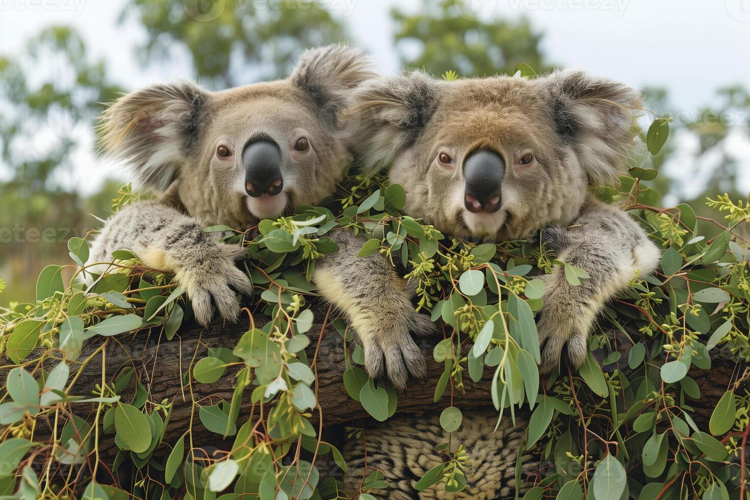 ai genererad par av koala björnar på eukalyptus träd foto