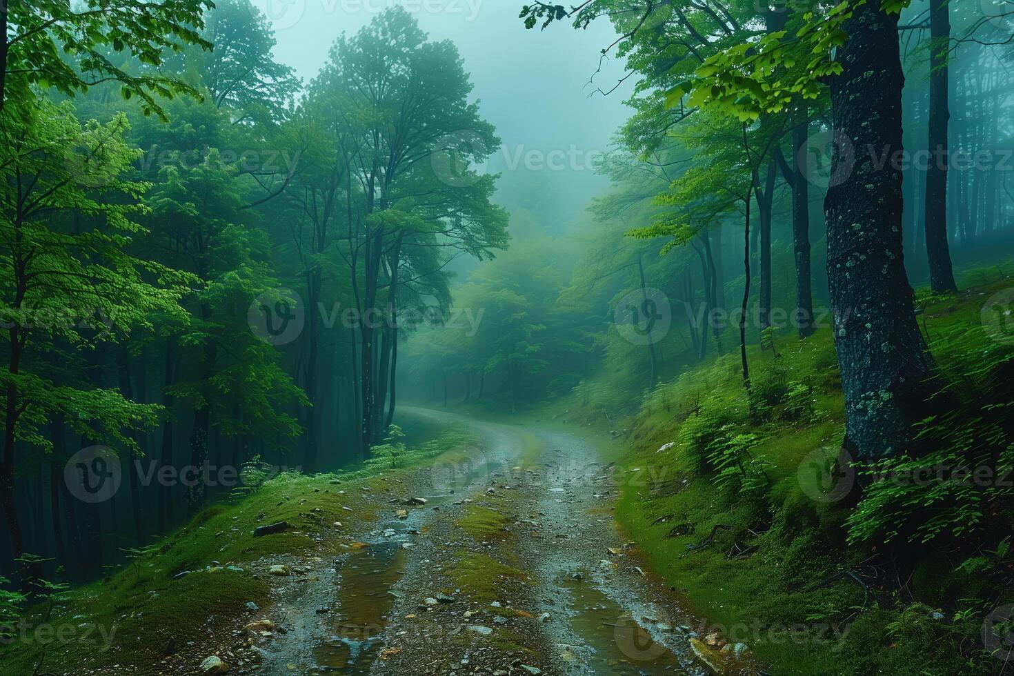 ai genererad väg i mystisk berg skog i dimmig morgon. resa. skönhet i natur. foto