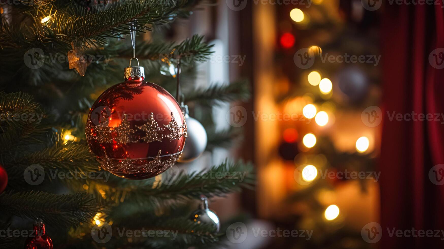 ai genererad jul träd dekorationer för de engelsk Land stuga, Hem dekor, hus i de landsbygden och Semester firande foto