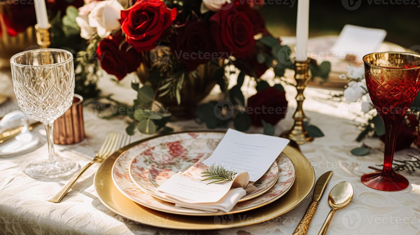 ai genererad bröllop och händelse firande bordsbild med blommor, formell middag tabell miljö med ro och vin, elegant blommig tabell dekor för middag fest och Semester dekoration, Hem styling foto