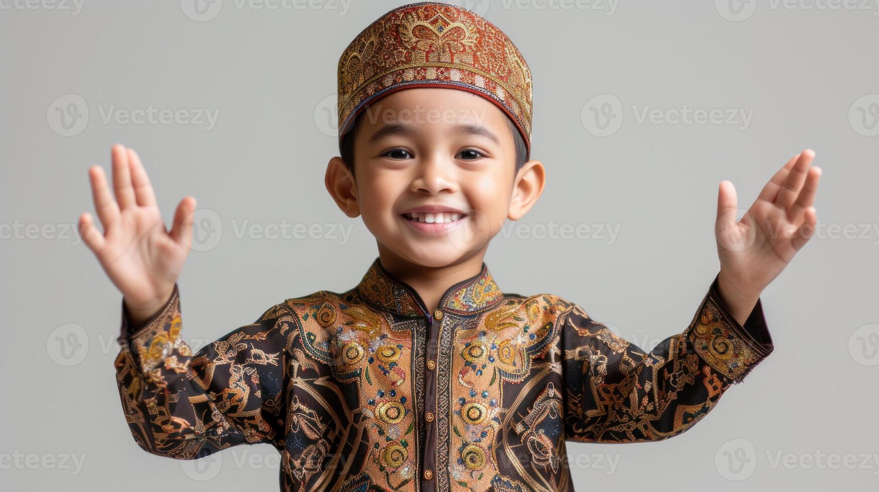 ai genererad Lycklig söt asiatisk pojke ha på sig traditionell muslim kläder foto