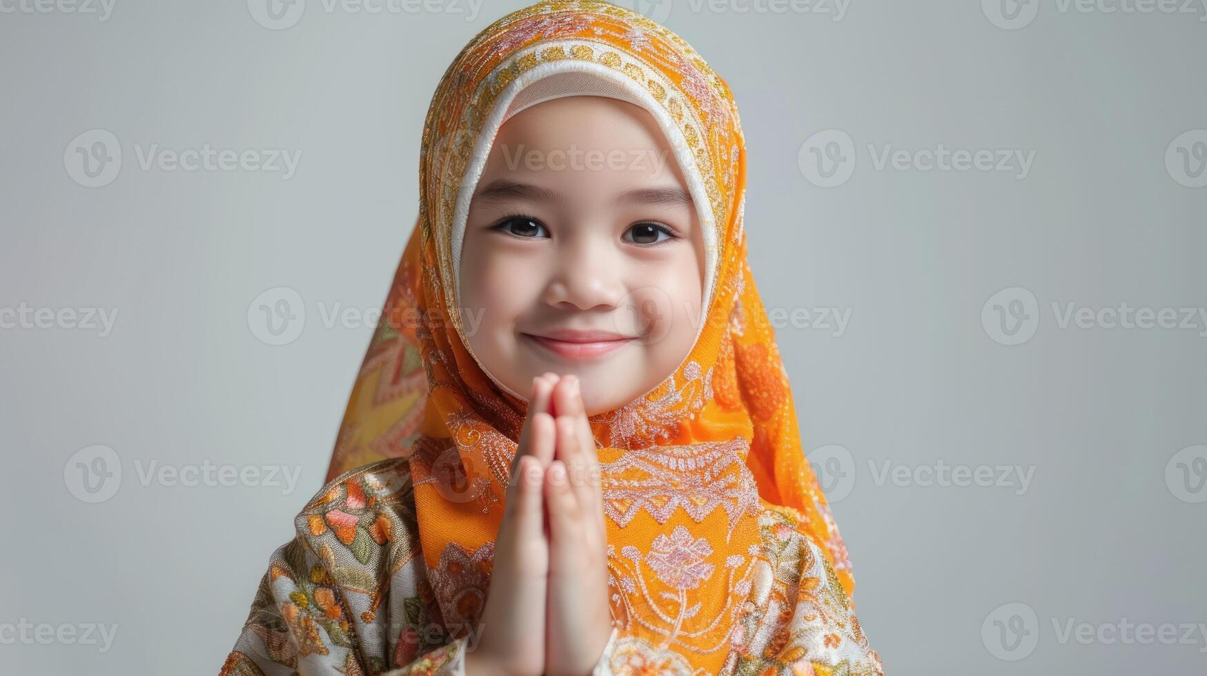 ai genererad söt muslim liten asiatisk flicka hälsning Ramadhan isolerat på vit bakgrund foto