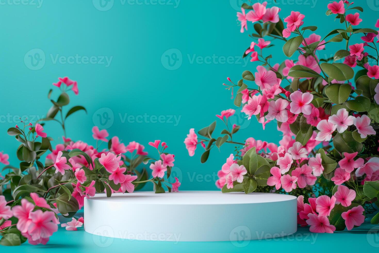 ai genererad vår blomma produkt podium på pastell turkos foto