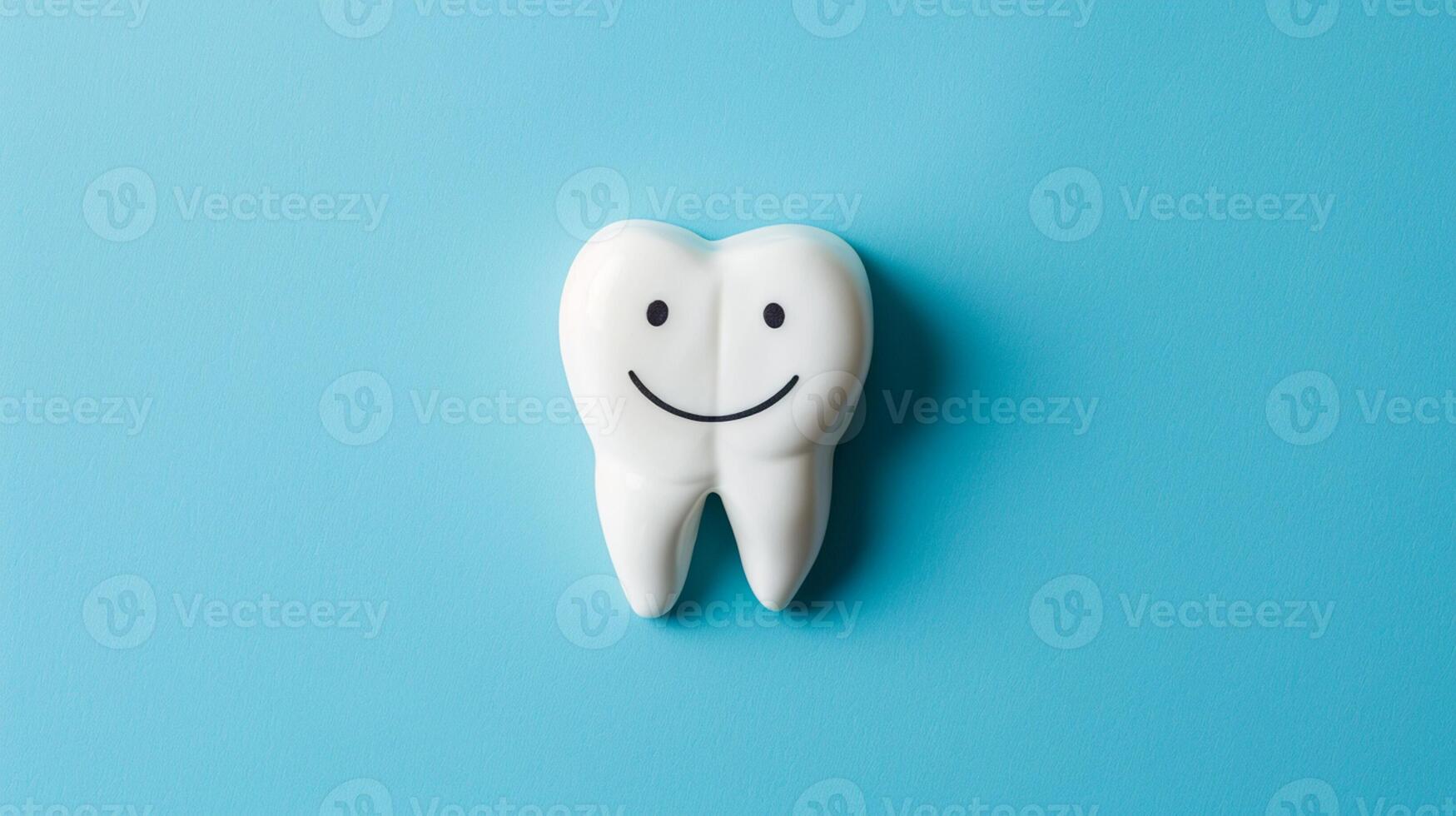 ai genererad glad tand statyett på blå, dental wellness foto