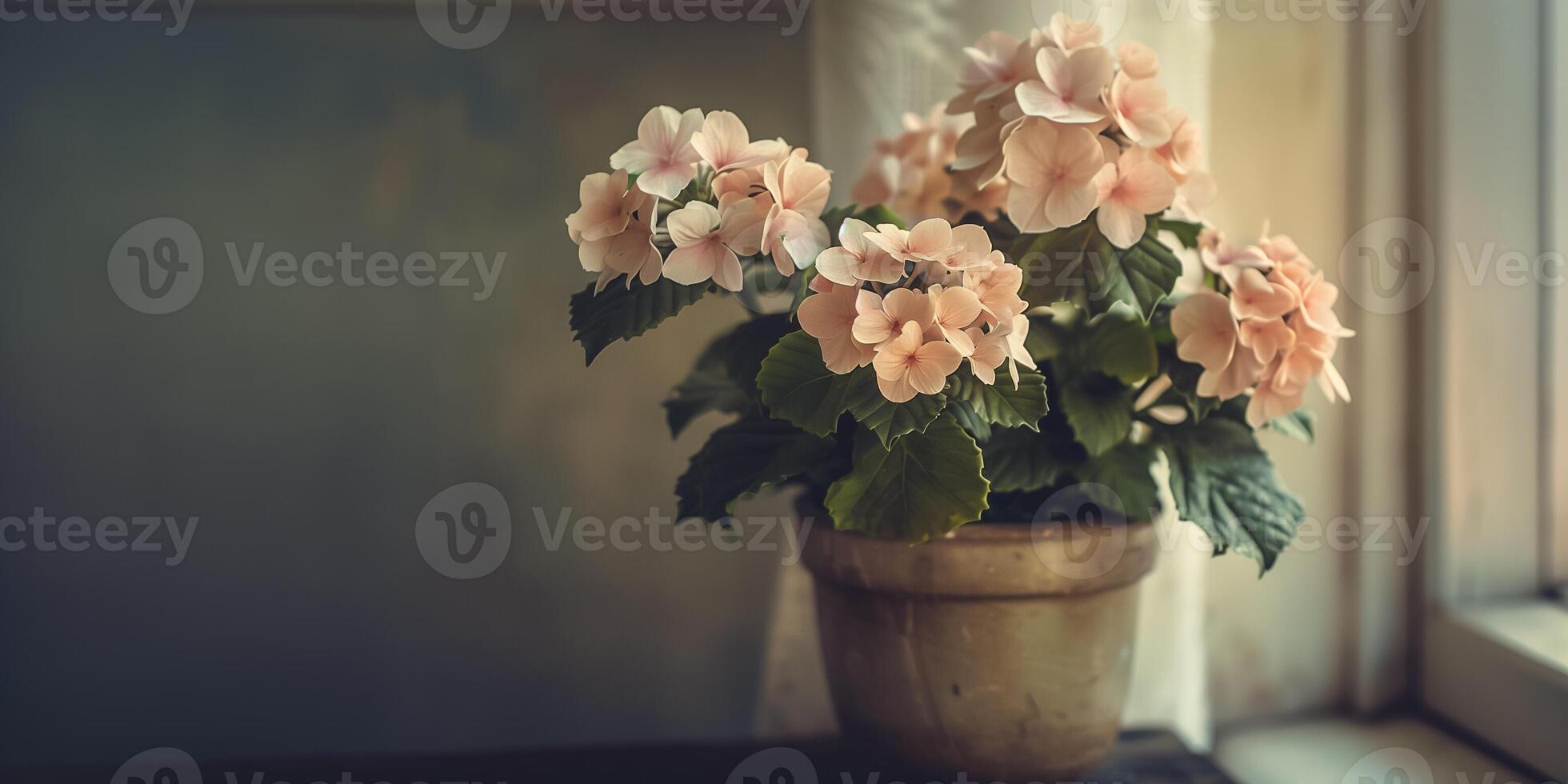 ai genererad inlagd blek rosa hortensior på en fönsterkarm med mjuk naturlig belysning, förmedla en lugn och färsk Hem dekor estetisk foto