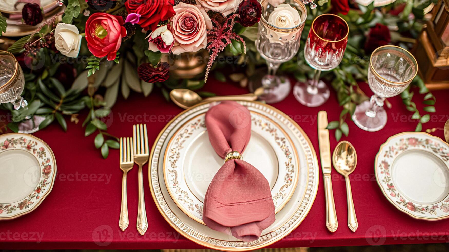ai genererad valentines dag bordsbild och tabell dekor, romantisk tabell miljö med blommor, formell middag och datum, skön bestick och porslin foto