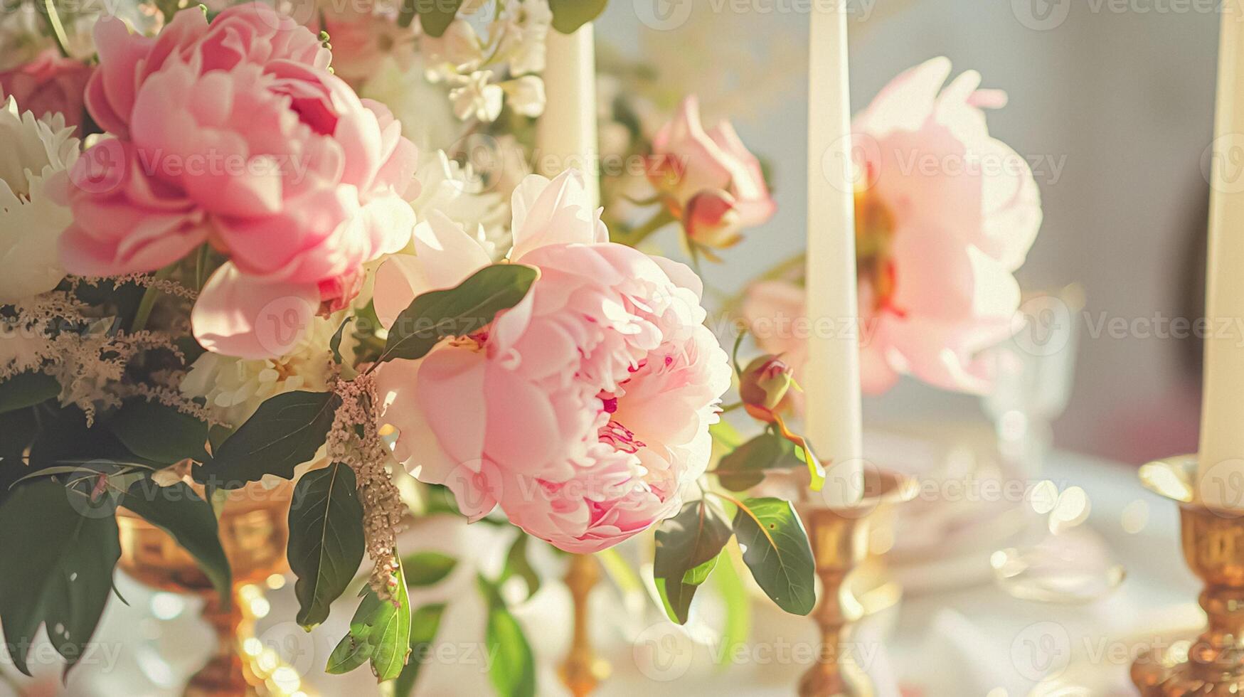 ai genererad bröllop dekoration med pioner, blommig dekor och händelse firande, pion blommor och bröllop ceremoni i de trädgård, engelsk Land stil foto