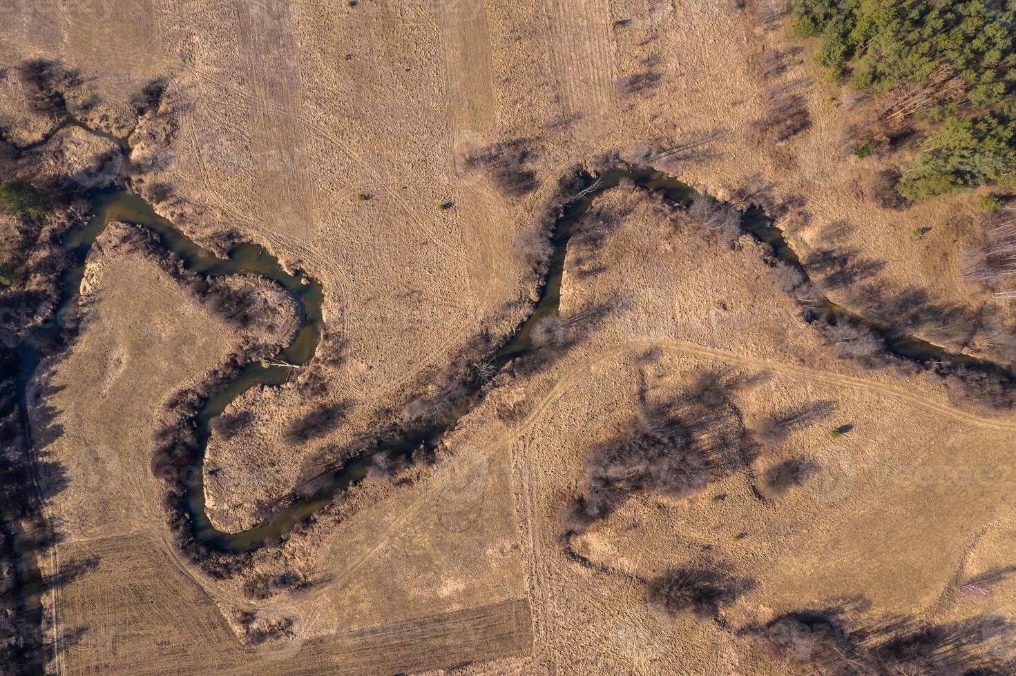 antenn Drönare se på höst landskap. antenn se på små flod i gyllene höst skog foto