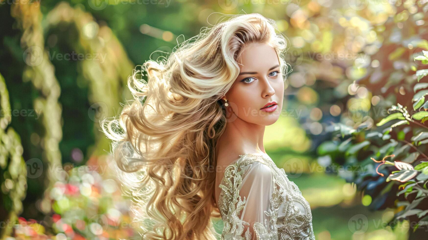 ai genererad kvinna med skön lång friska hår i sommar trädgård, naturlig smink och blond frisyr, brud- skönhet stil, bröllop mode kampanj och glamour se foto