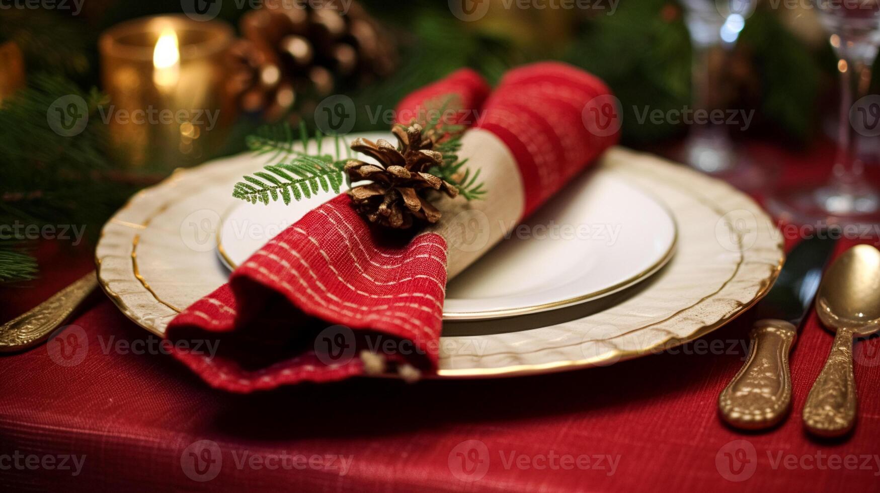 ai genererad jul tabell dekor, Semester bordsbild och middag tabell miljö, formell händelse dekoration för ny år, familj firande, engelsk Land och Hem styling foto