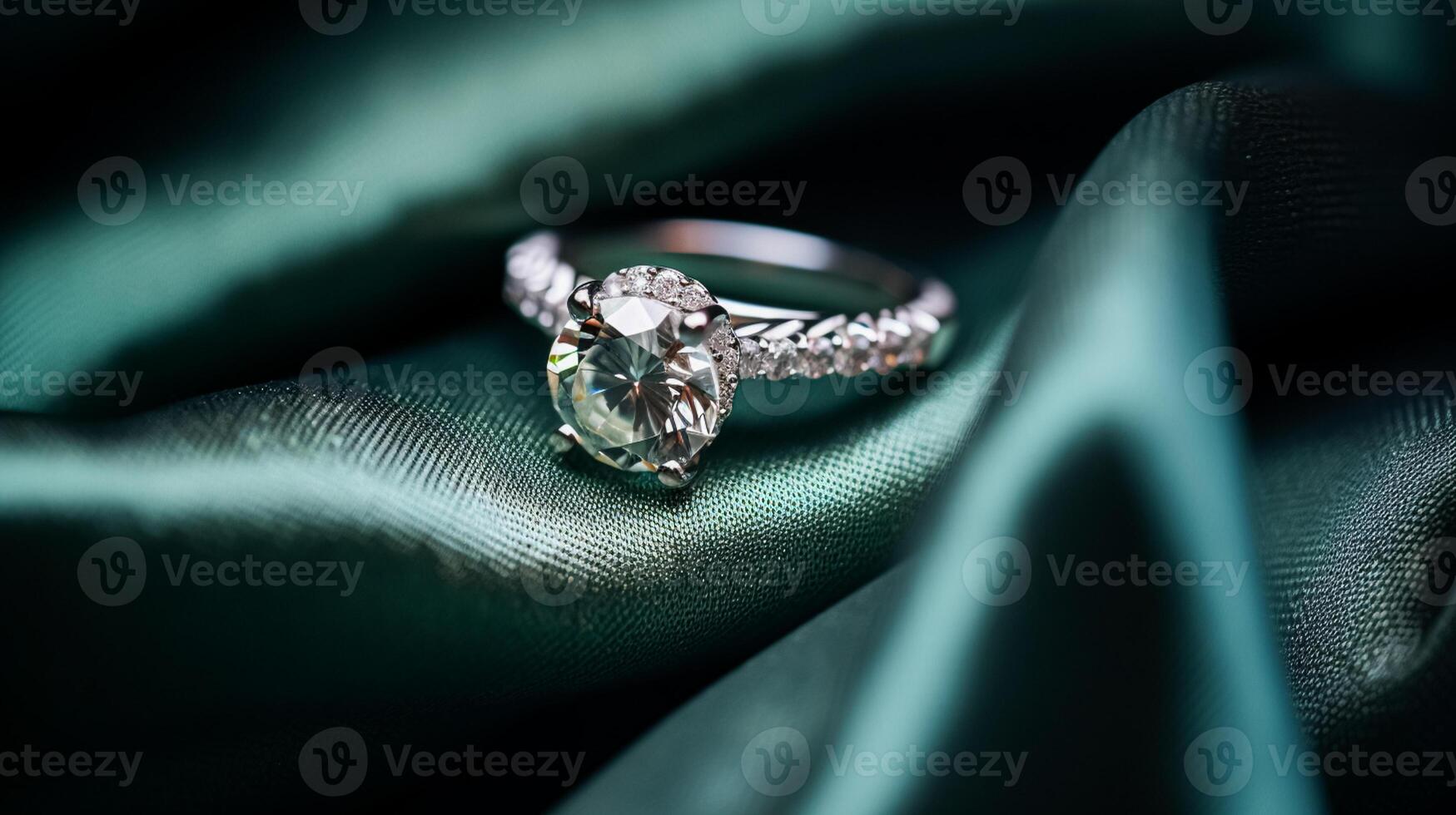 ai genererad smycke, förslag och Semester gåva, diamant engagemang ringa på grön silke tyg, symbol av kärlek, roman och engagemang foto