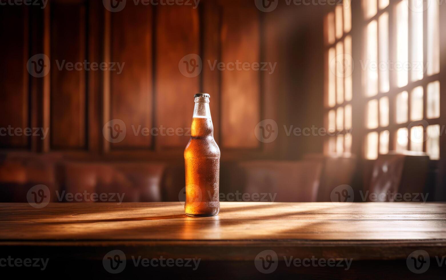 ai genererad genererad iaffriskt flaska av öl på bar tabell med bokeh bakgrund och tömma Plats för text. falsk upp eller mall flaska av beer.ge foto