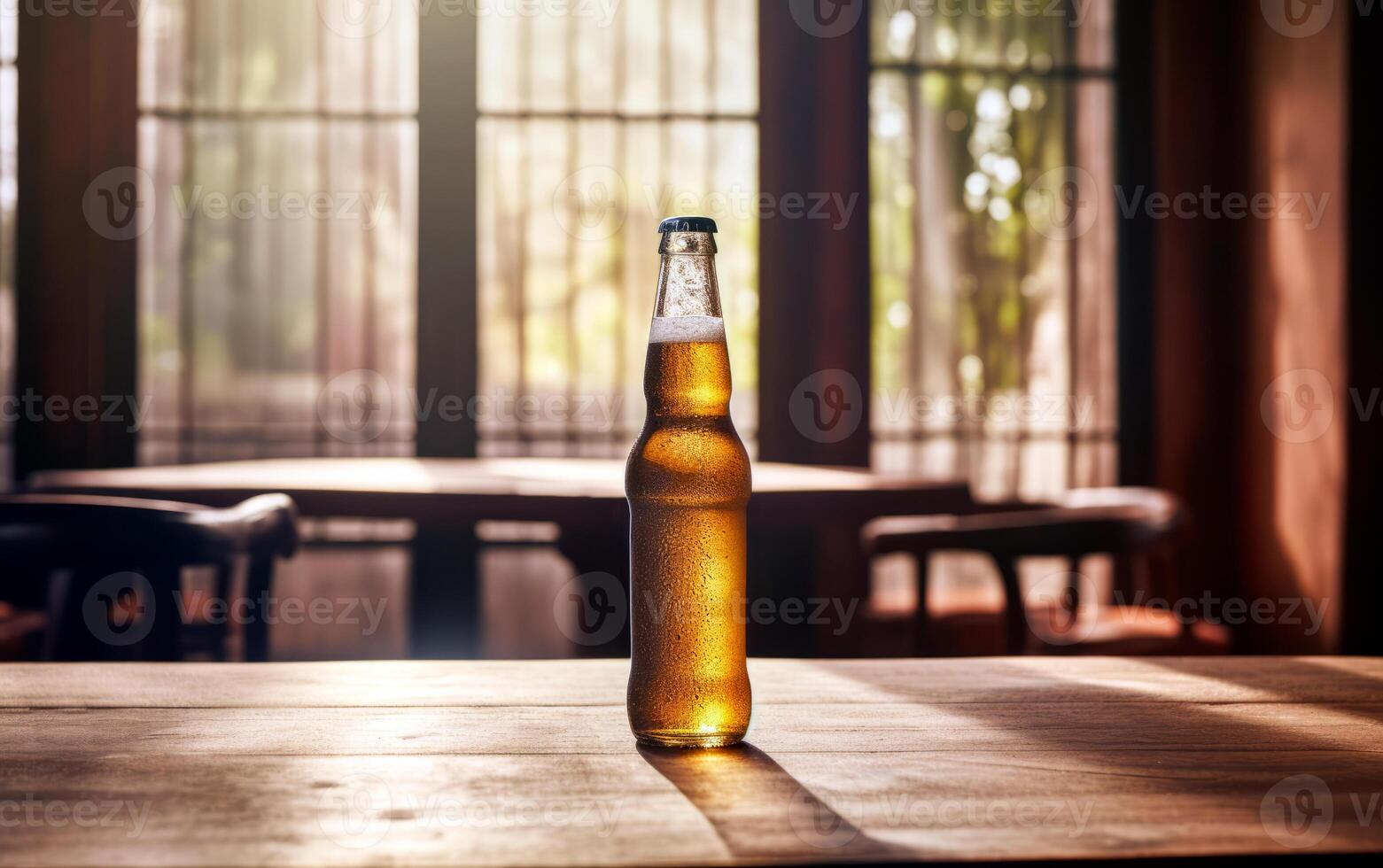 ai genererad genererad iaffriskt flaska av öl på bar tabell med bokeh bakgrund och tömma Plats för text. falsk upp eller mall flaska av beer.ge foto