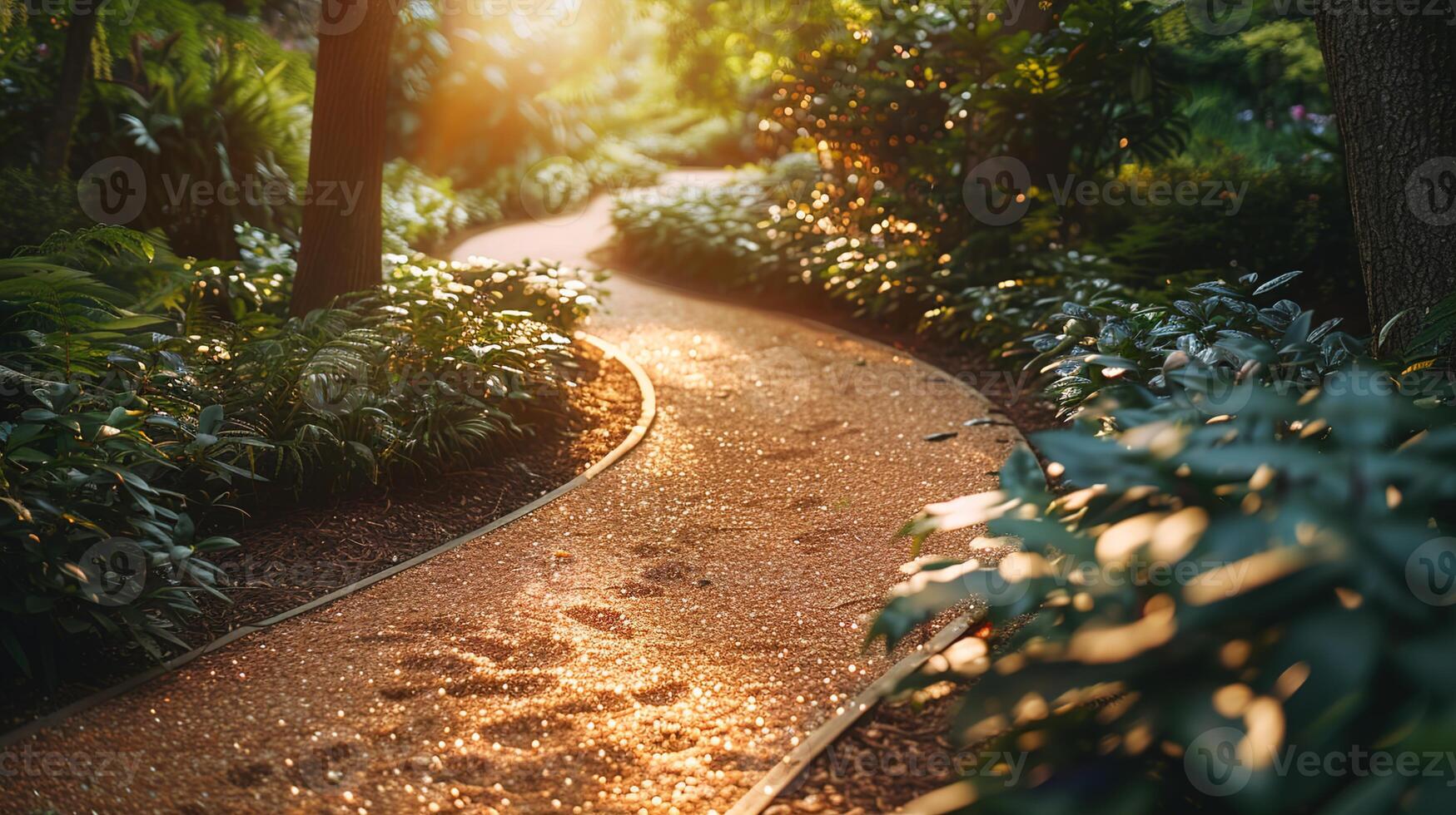 ai genererad en trädgård väg badade i värma solljus, inbjudande en fredlig promenad bland de blomning flora och frodig grönska. ,trädgårdsarbete begrepp foto