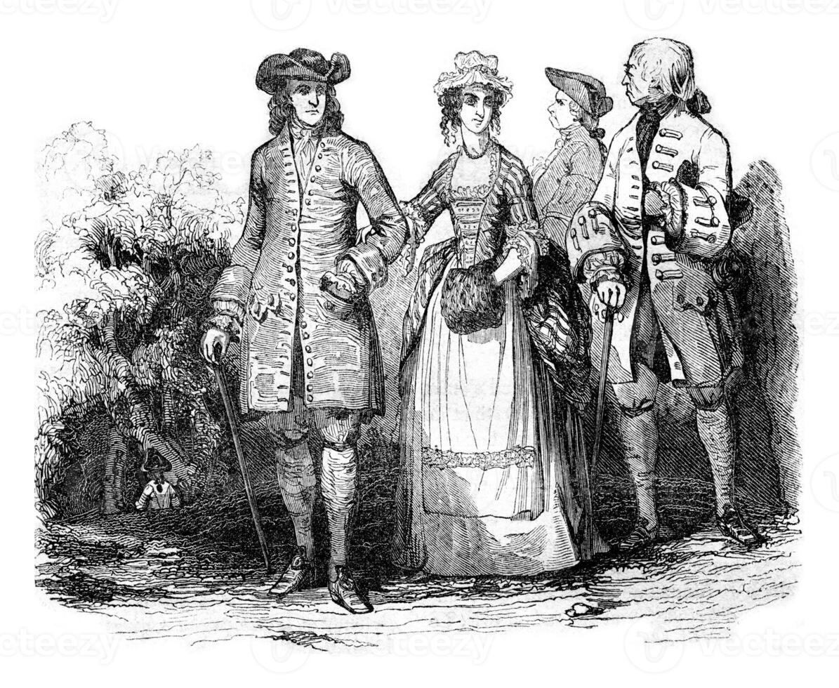 kostymer från 1740 till 1750, Herrar, årgång gravyr. foto