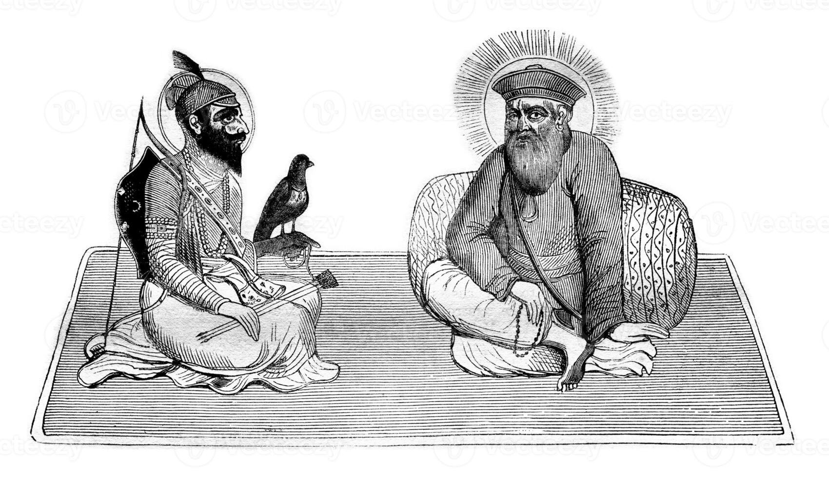 guru singh och baba nanak, grundare av sikh religion, och efter ett orientalisk målning, årgång gravyr. foto