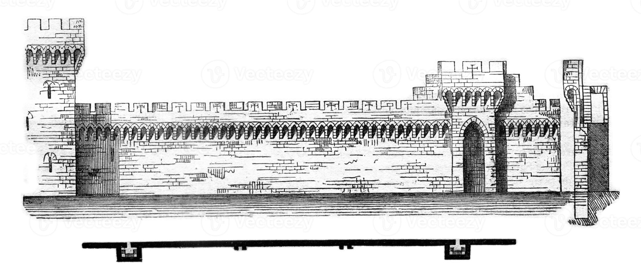 planen och sektion av de stad väggar av avignon, årgång gravyr. foto