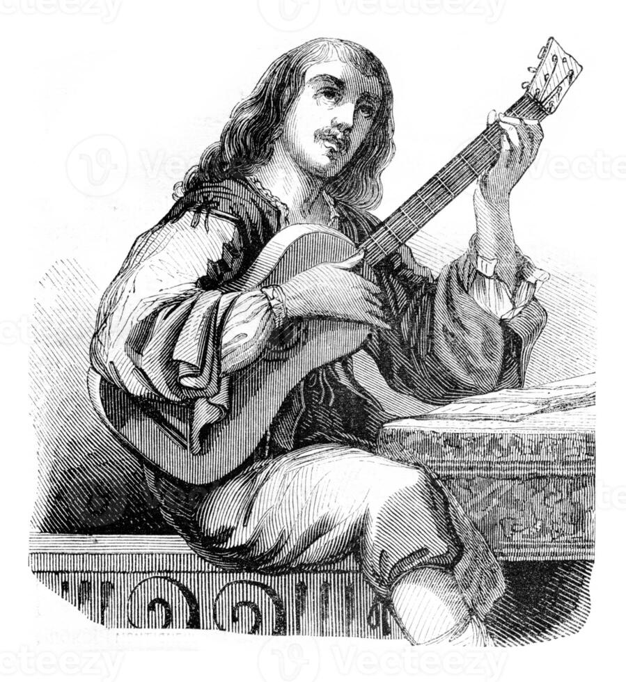 en gitarrrero, årgång gravyr. foto