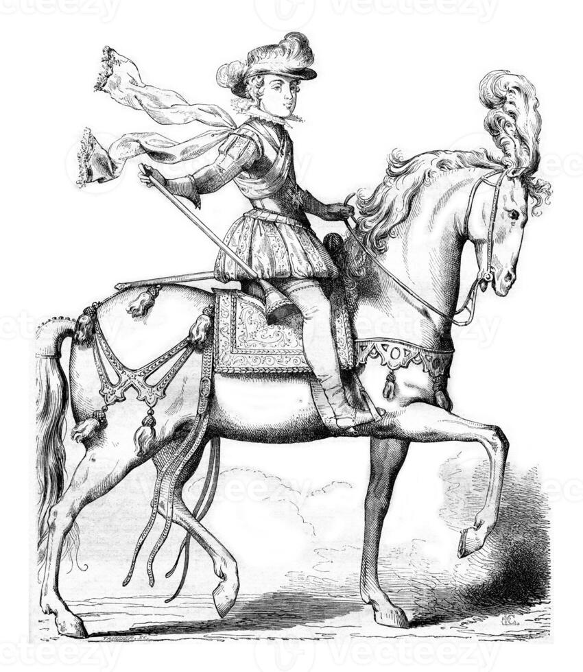 kung på häst, efter ett anonym gravyr av 1615, samling av de historia av Frankrike, årgång gravyr. foto