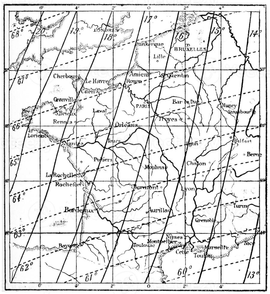 Karta av de deklination av de jordens magnetisk fält över Frankrike, årgång gravyr foto