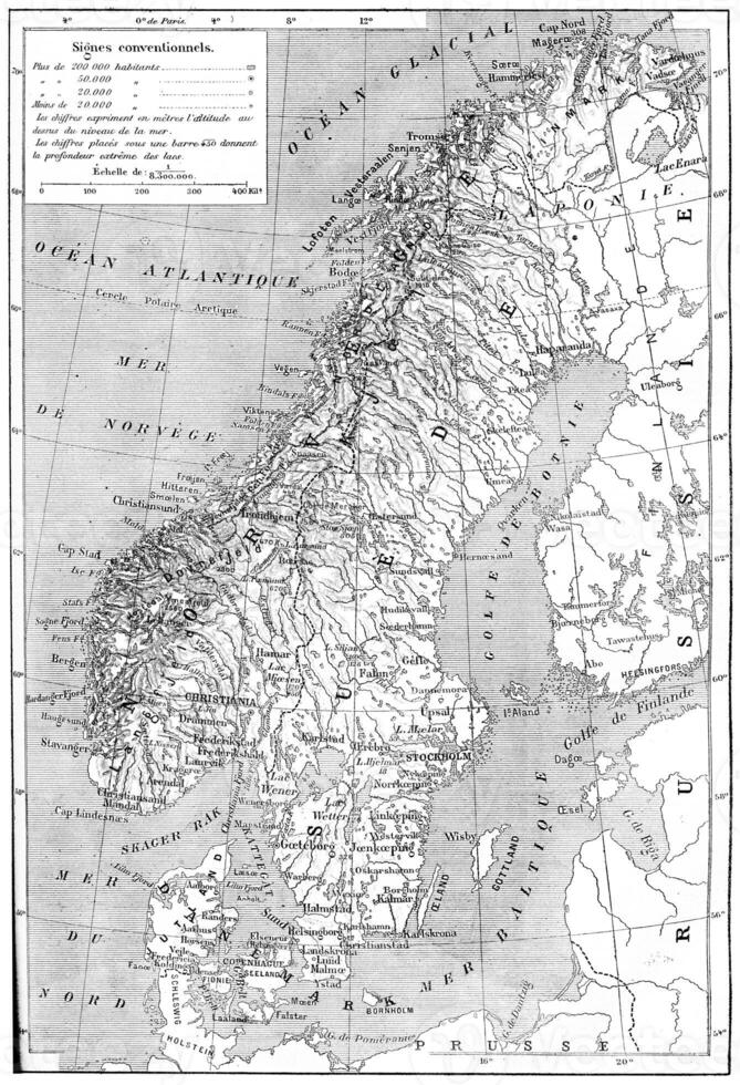 Karta av skandinavien - Sverige, Norge och Danmark årgång gravyr foto