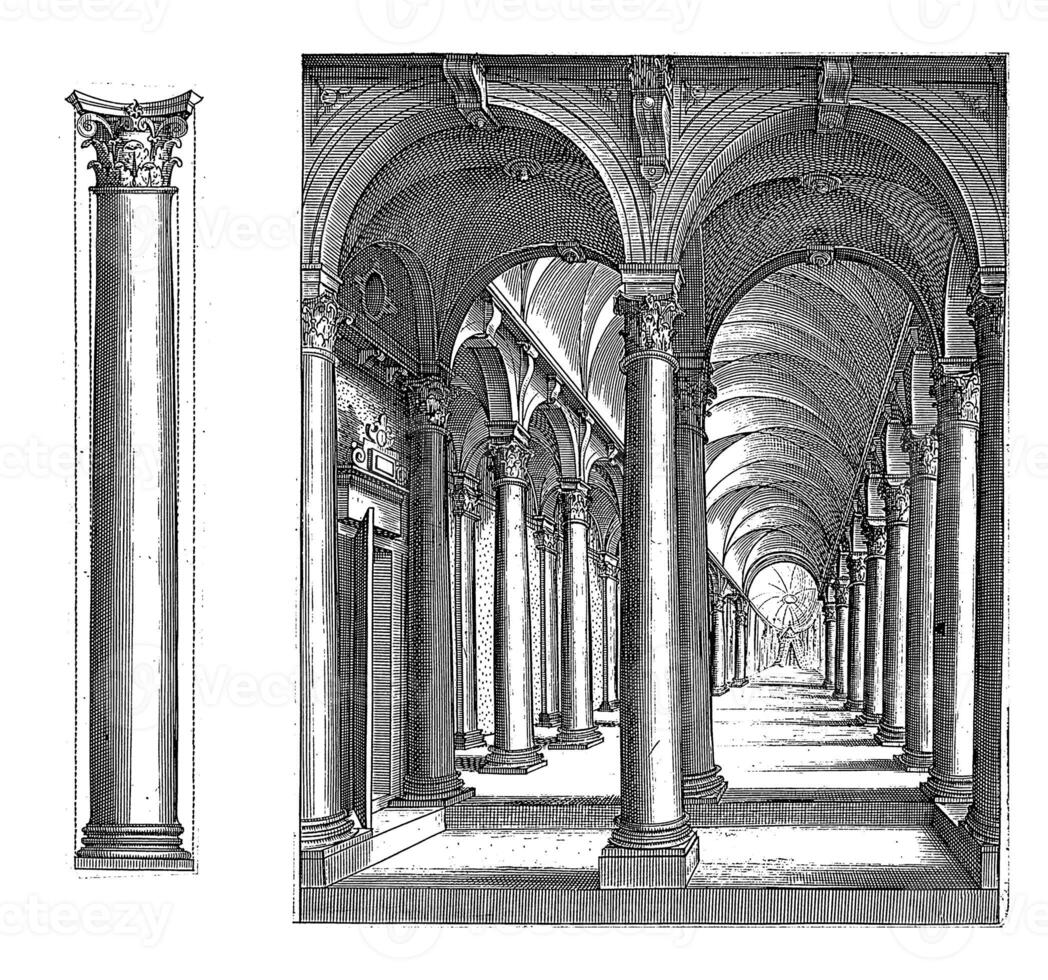 kolumn av de corinthian beställa och en portik, hendrick hondius jag, årgång illustration. foto