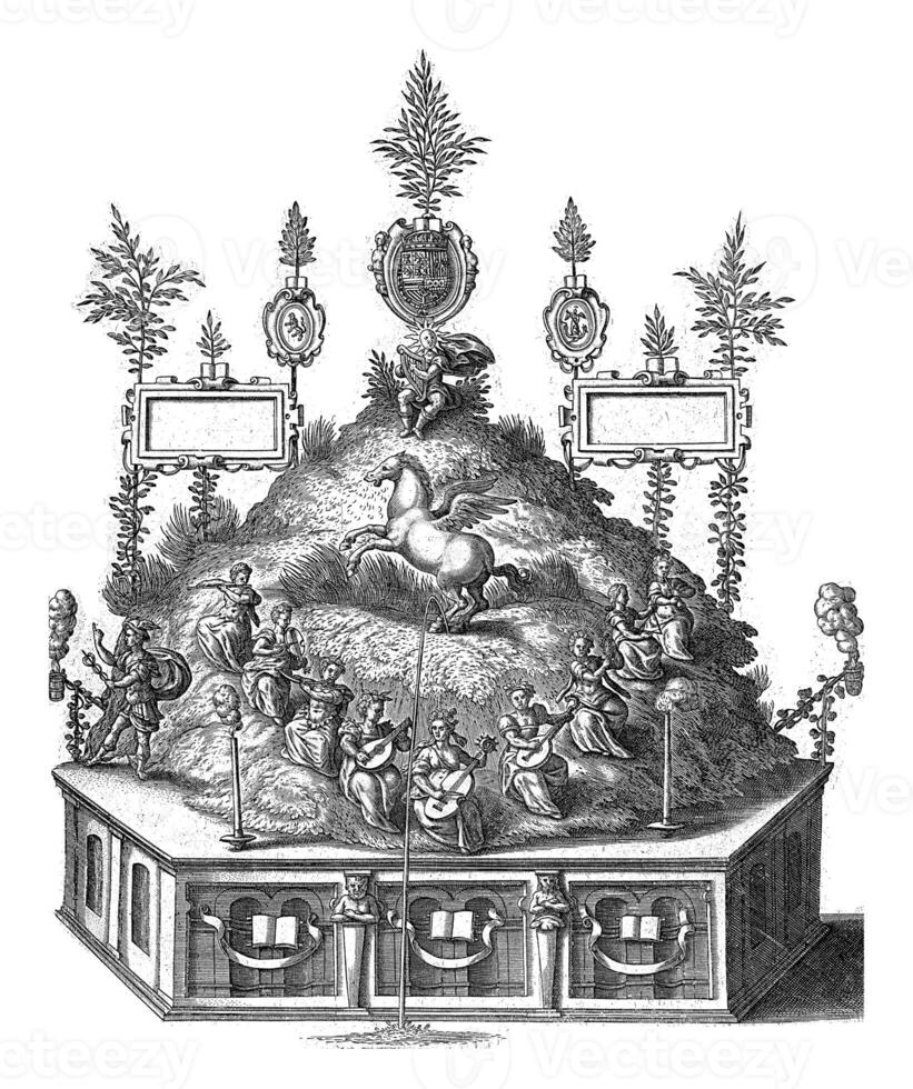 teater med apollo på de parnassus, 1594, årgång illustration. foto