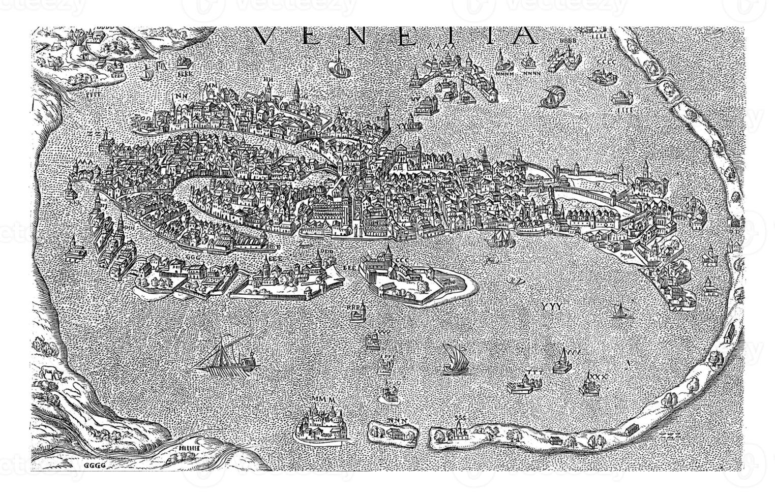 Karta av Venedig, anonym, 1550 - 1649 Karta av Venedig med byggnader i revolt, årgång illustration. foto