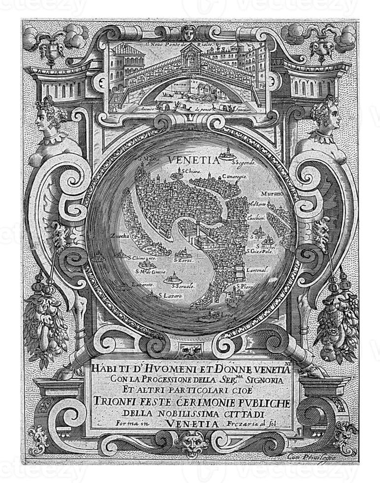 titel skriva ut med Karta av Venedig, anonym, 1610, årgång illustration. foto