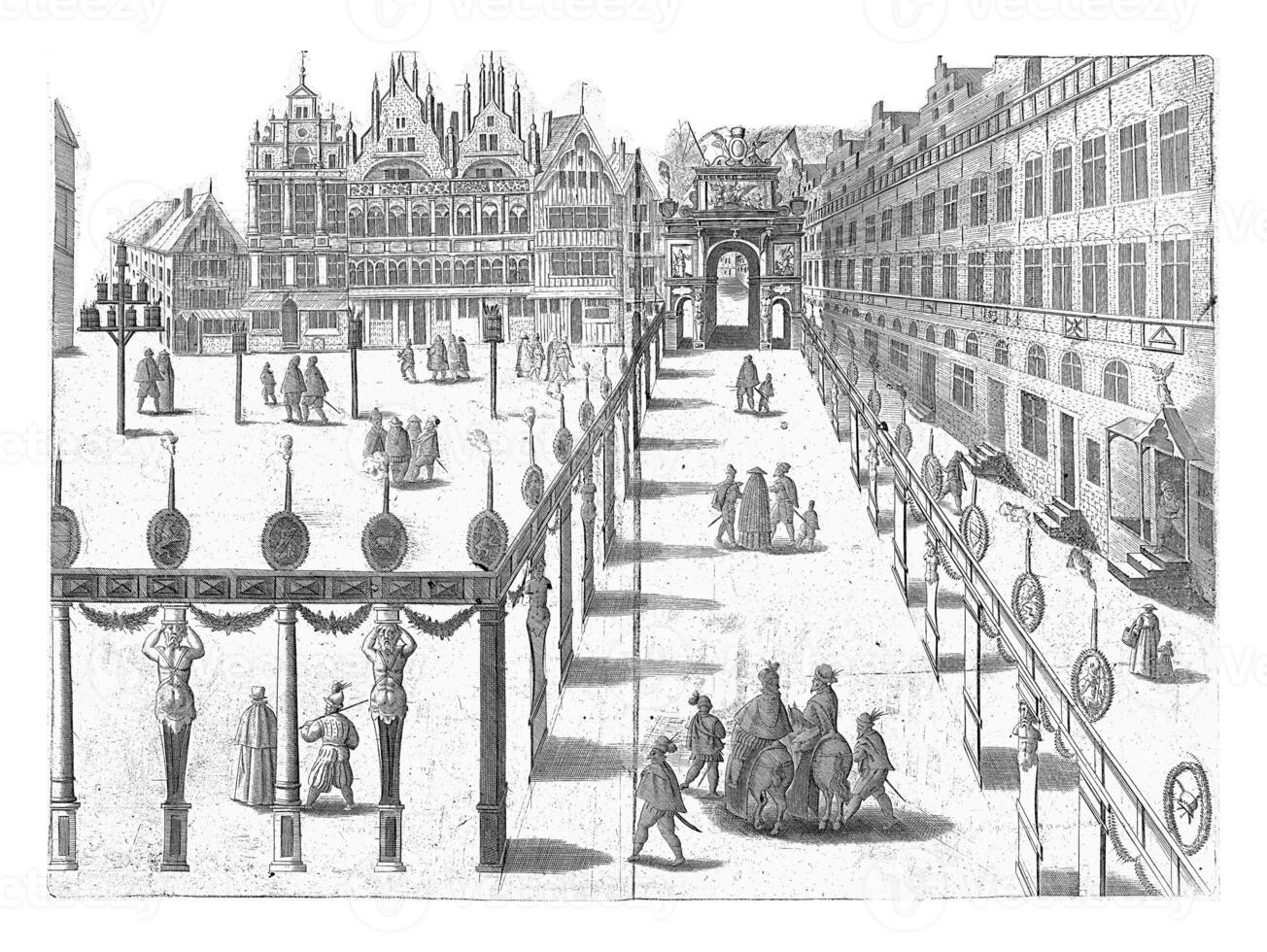 hall av berömmelse på en fyrkant, 1594, årgång illustration. foto