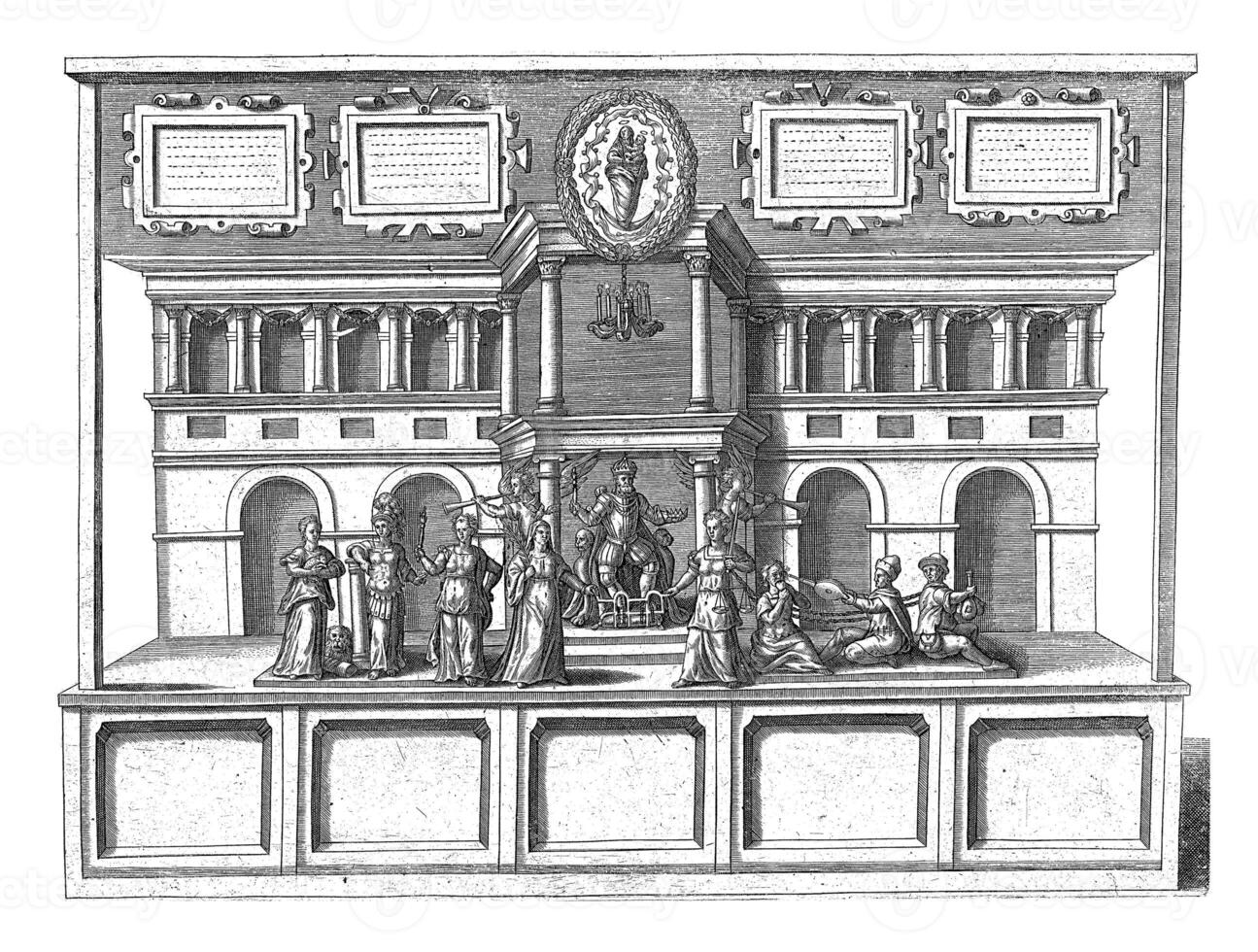 teater med dygder och laster, 1594, anonym, 1594, årgång illustration. foto