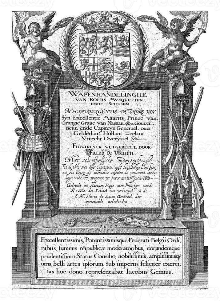 titel sida för Jacob de gheyns wapenactiehe, årgång illustration. foto