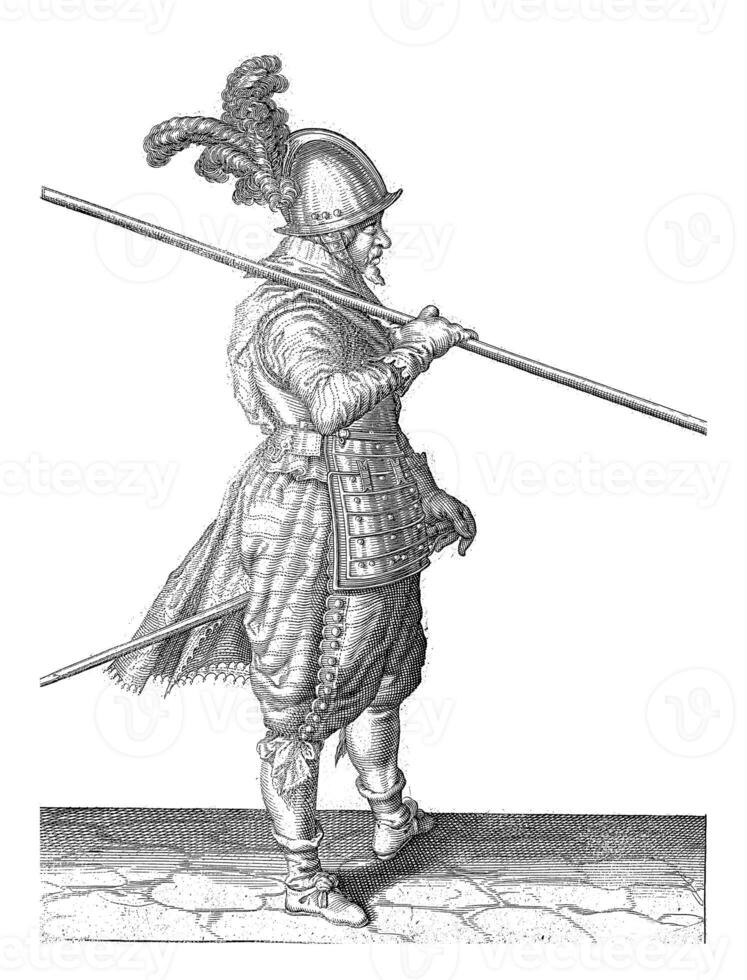 soldat bärande hans grillspett på hans rätt axel, årgång illustration. foto
