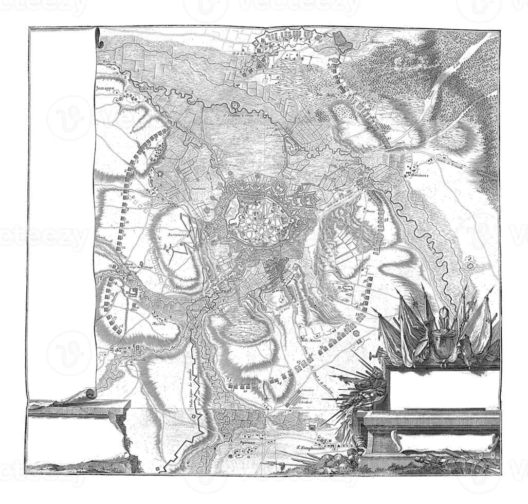 Karta av de belägring och fånga av mons, årgång illustration. foto