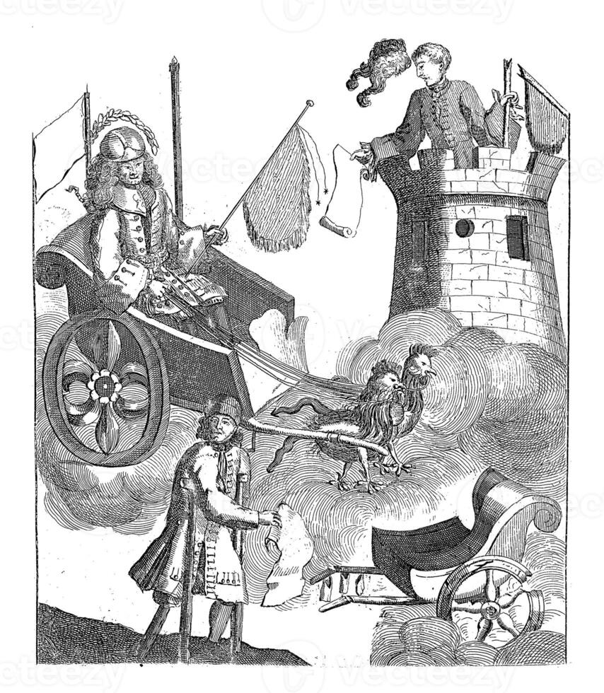 john lag, de uppfinnare av de vind förhandling, i hans vinbil, 1720, årgång illustration. foto