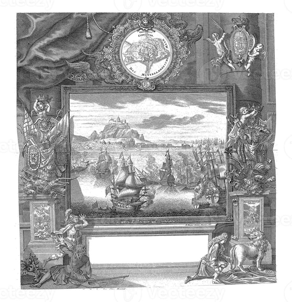 lättnad av gibraltar, 1705, årgång illustration. foto