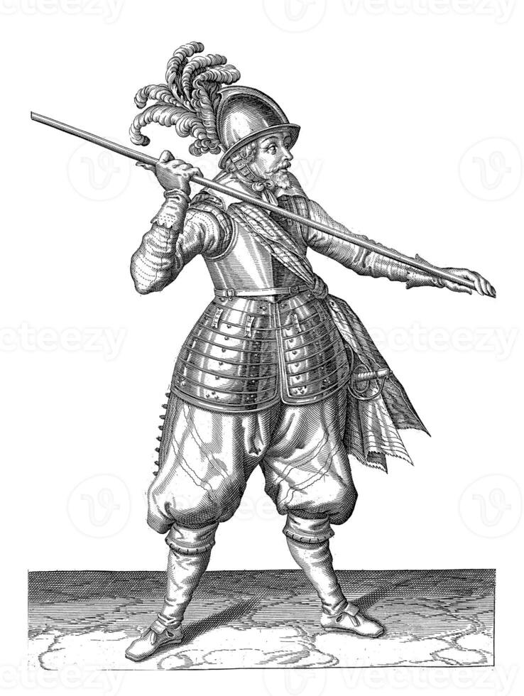 soldat bärande hans grillspett bred med hans händer ovan hans rätt axel, årgång illustration. foto