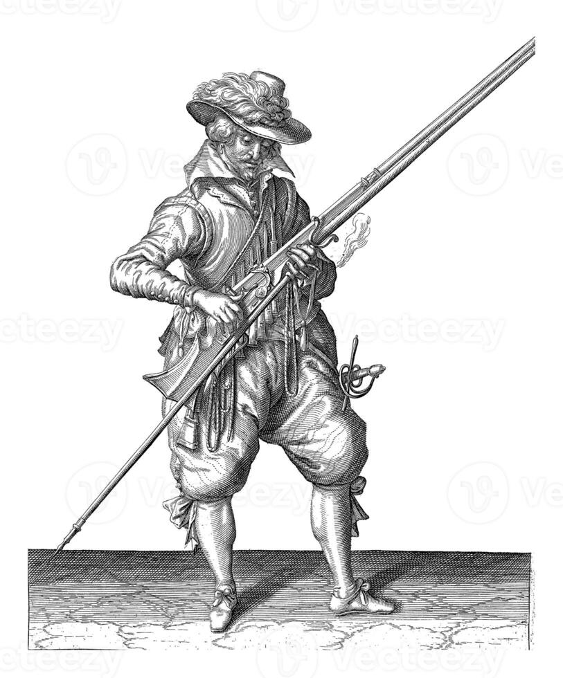 soldat innehav hans musköt med hans vänster hand förbi hans rätt sida, årgång illustration. foto