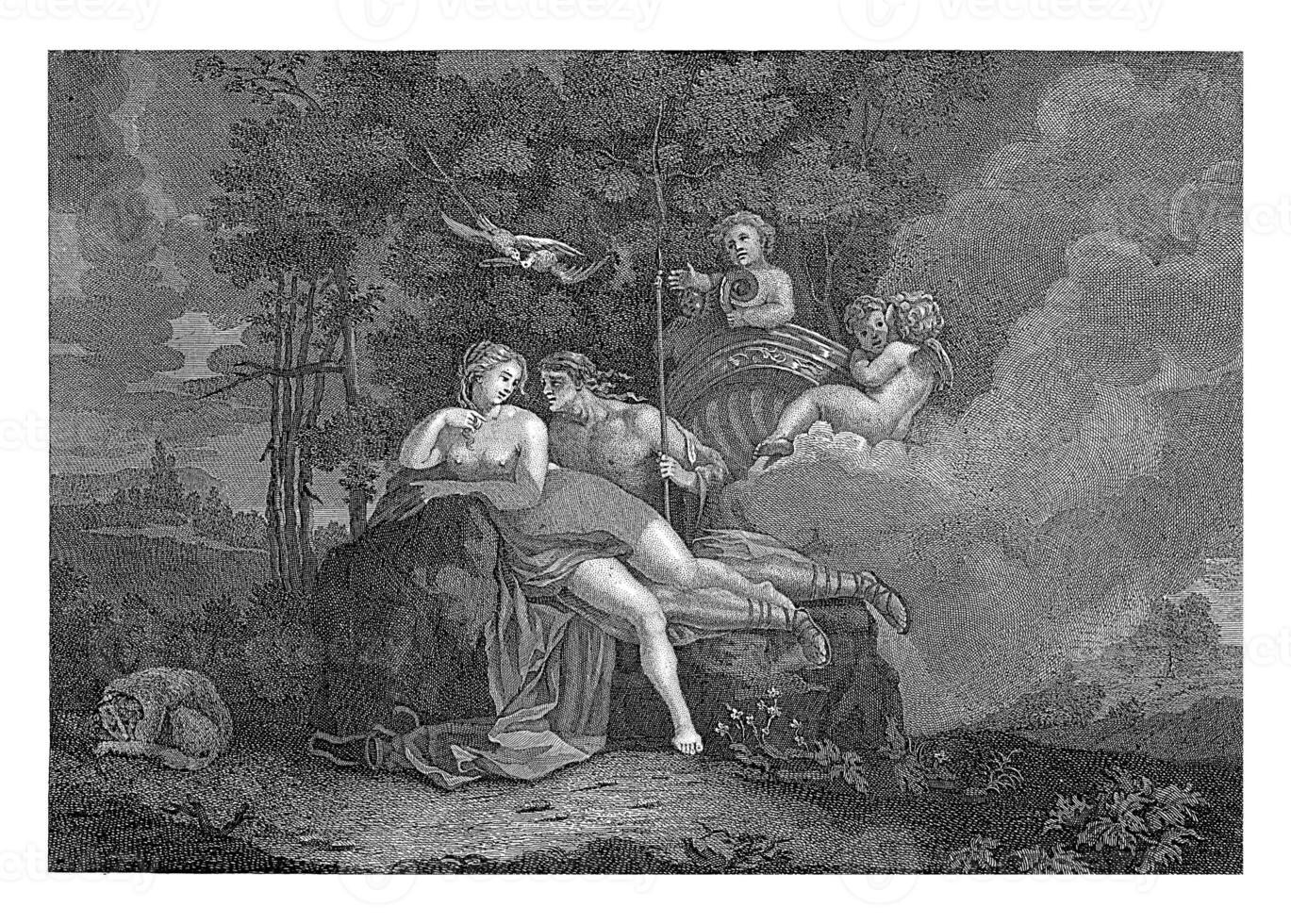 landskap med venus och adonis, matthijs slå samman, efter Nicolas poussin, 1696 - 1727 foto