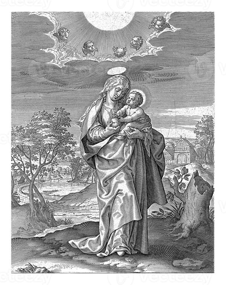 mary med de christ barn i en landskap, antonie wierix ii, 1565 - innan 1604 foto