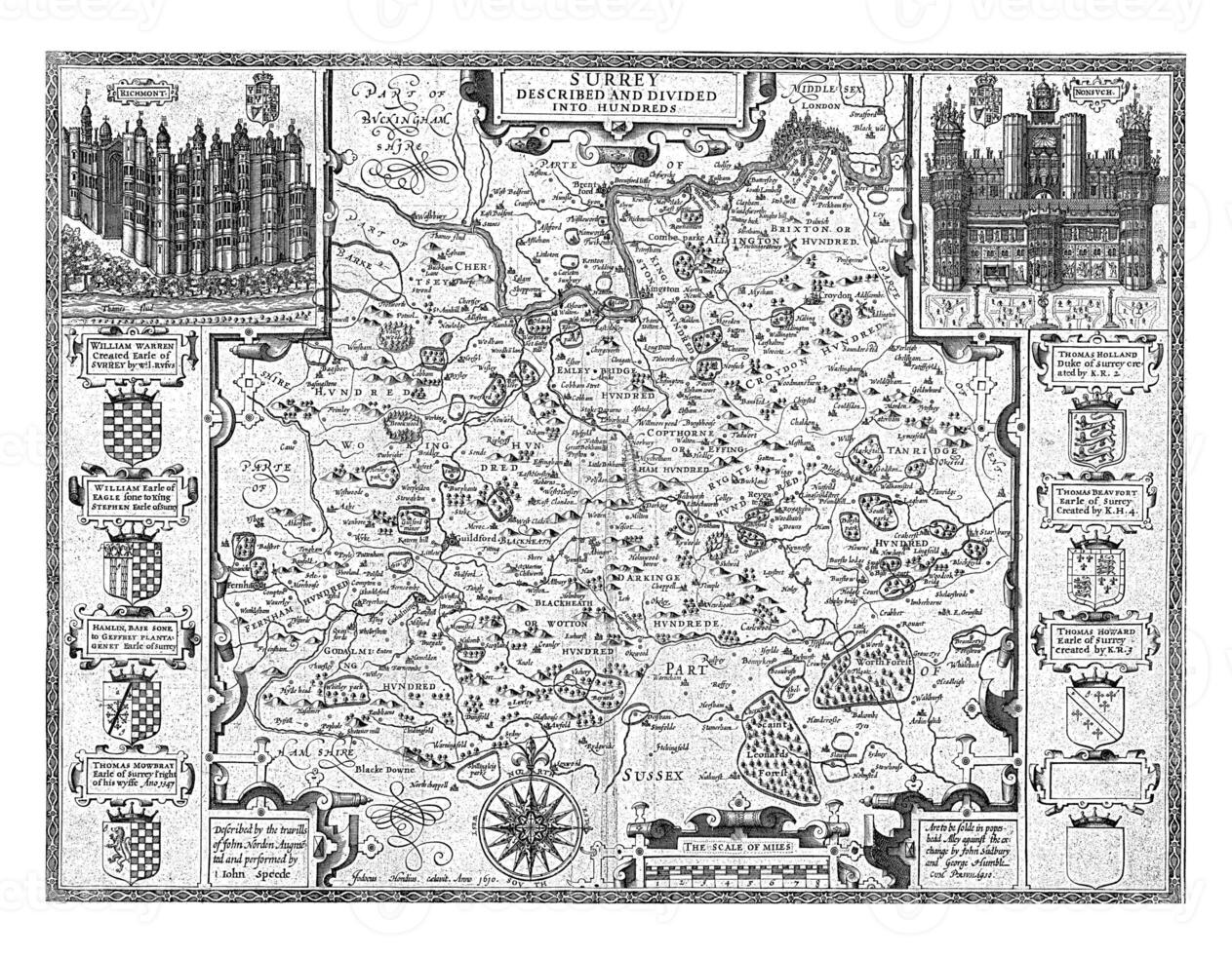 Karta av surrey, jodocus hondius jag, 1610 foto