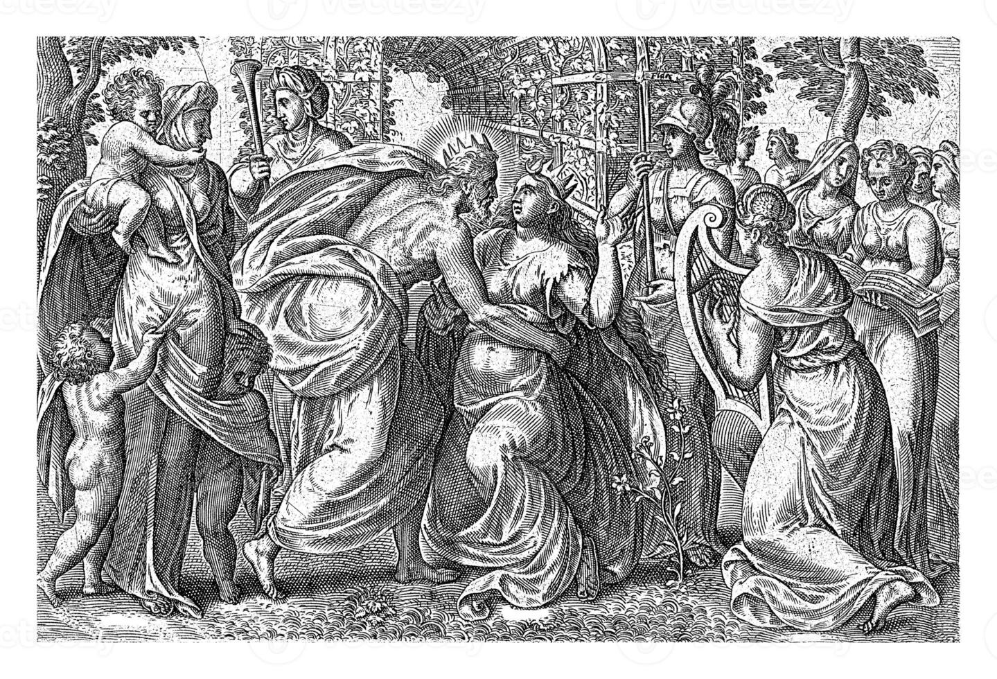 brud och brudgum omfamnar, johannes wierix eventuellt, efter gerard skåpbil groeningen, 1574 foto