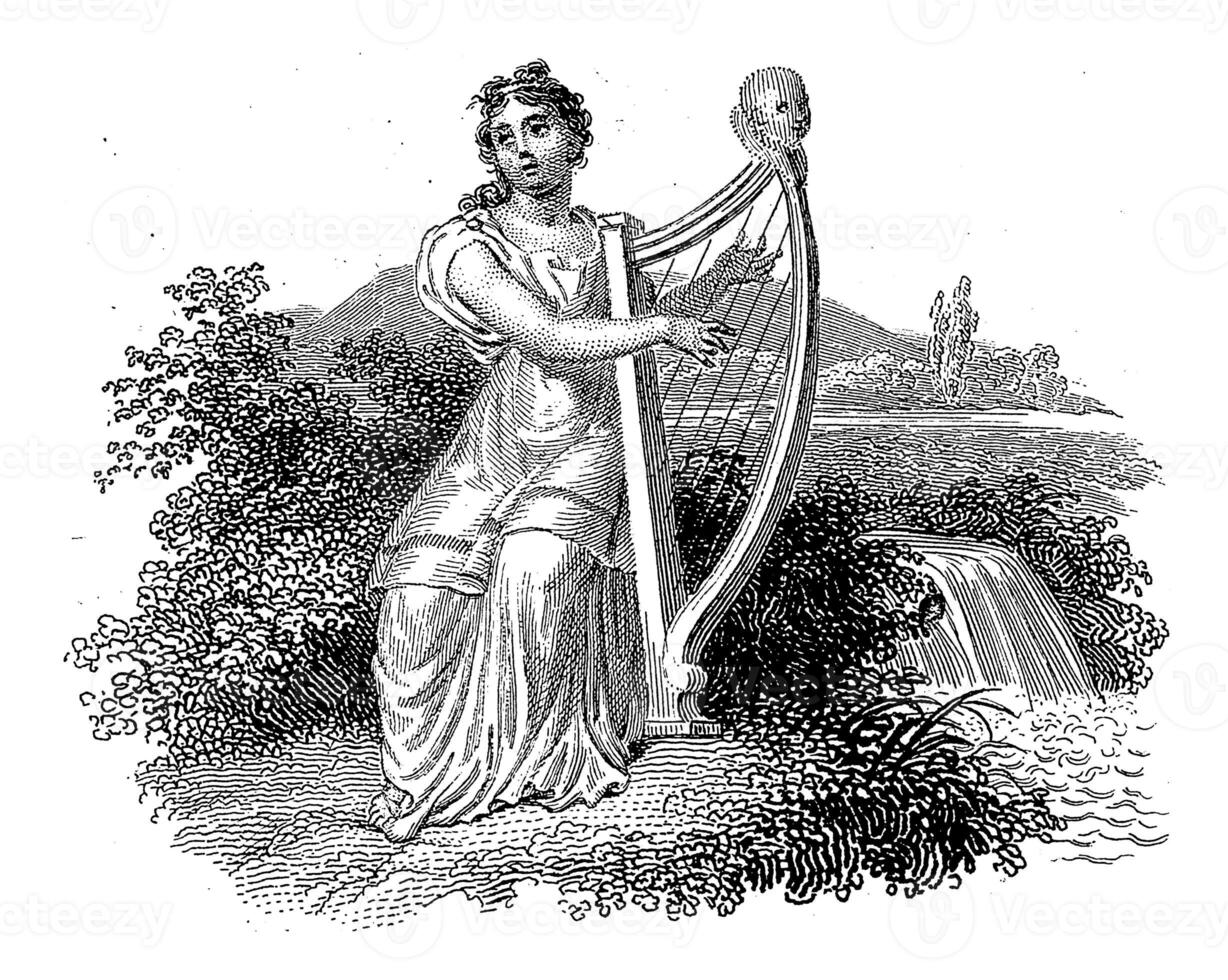 kvinna med en harpa på en vattenfall, philippus velijn, efter hatje pieters oosterhuis, 1835 foto